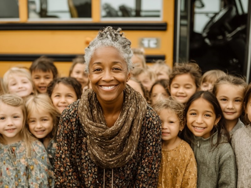 Schulbusfahrerin mit mehreren Schulkindern. (KI-generiert)