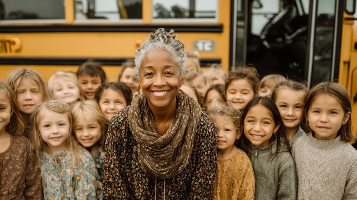 Schulbusfahrerin mit mehreren Schulkindern. (KI-generiert)