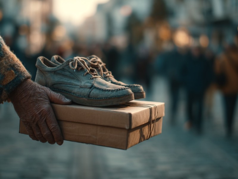 Mann schenkt Schuhe. (KI-generiert)