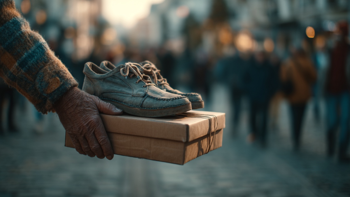 Mann schenkt Schuhe. (KI-generiert)