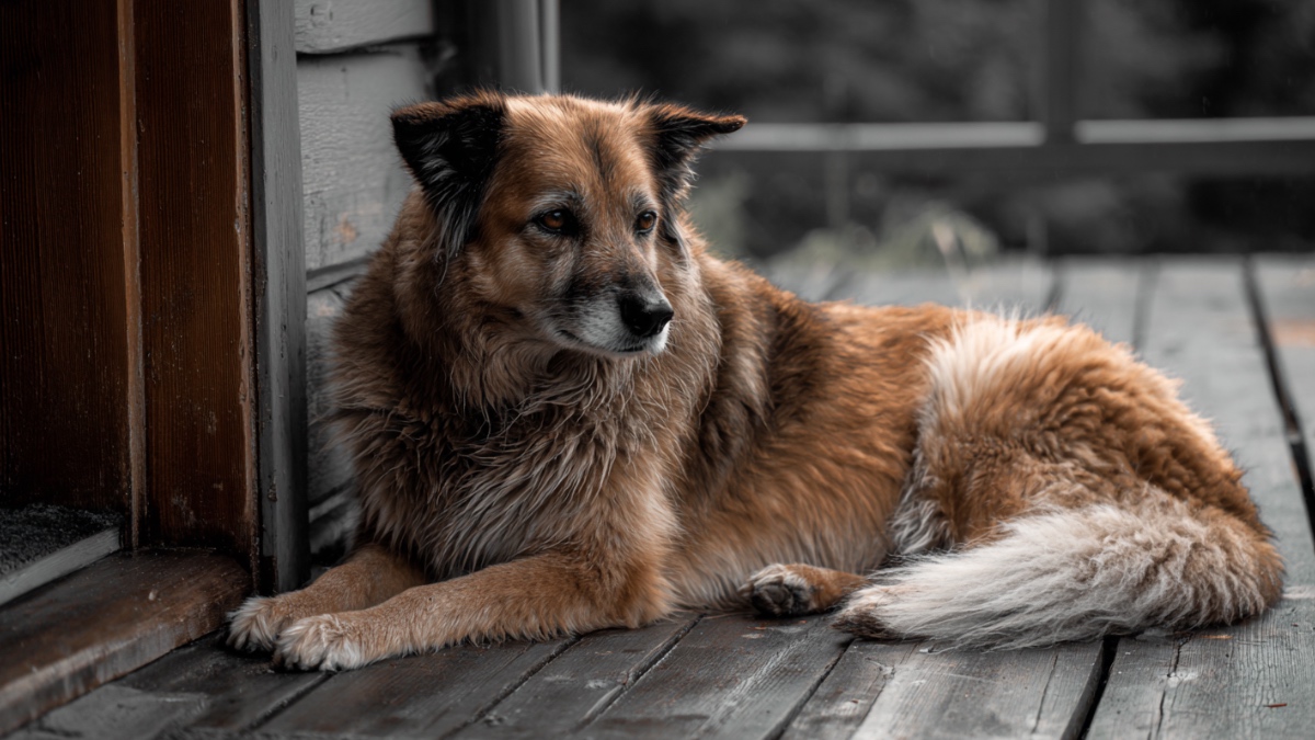 Hund auf Veranda. (KI-generiert)
