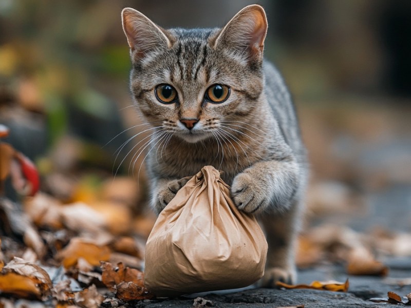 Eine Katze mit Säckchen. (KI-generiert)