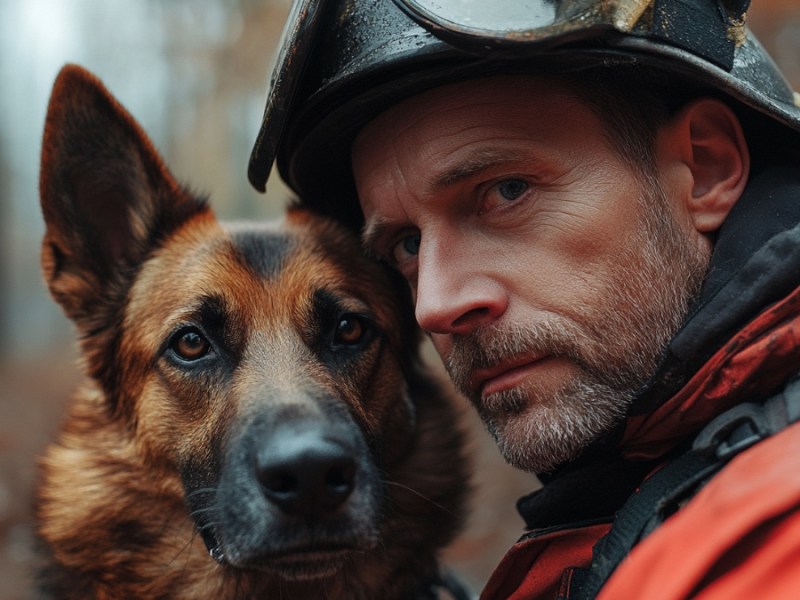 Ein Hund und ein Feuerwehrmann. (KI-generiert)