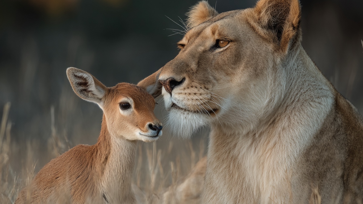 Löwin adoptiert Antilopenkälbchen. (KI-generiert)
