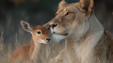 Löwin adoptiert Antilopenkälbchen. (KI-generiert)