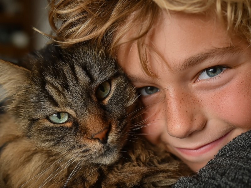 Ein Junge und seine Katze. (KI-generiert)