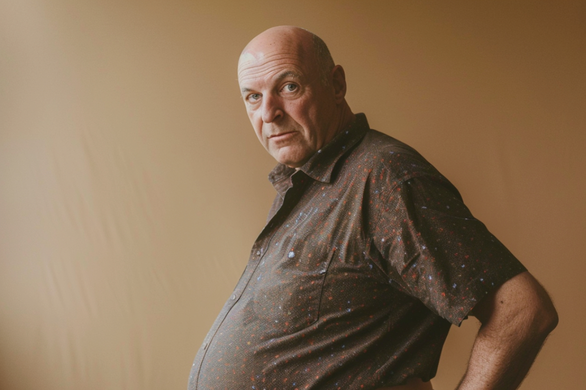 Ein glatzköpfiger, mittelalter Mann mit einem dicken Bauch.