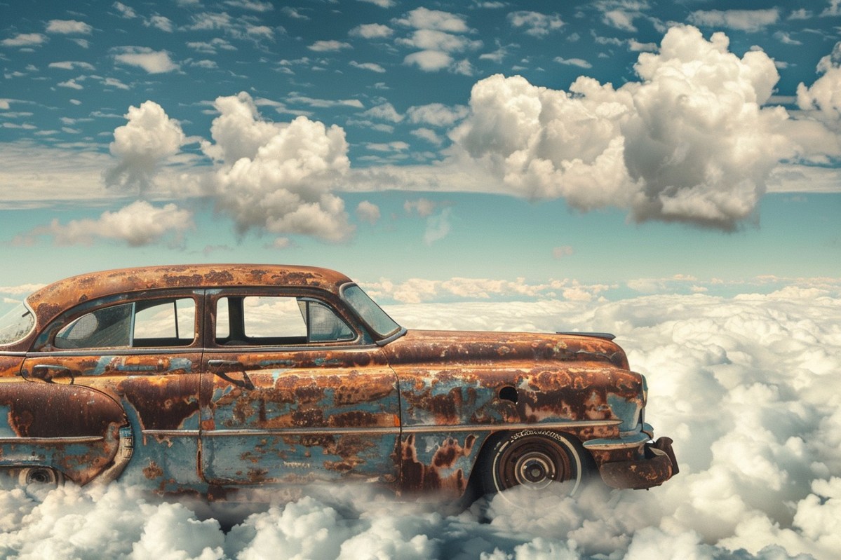 Ein rostiges altes Auto fährt über Wolken.