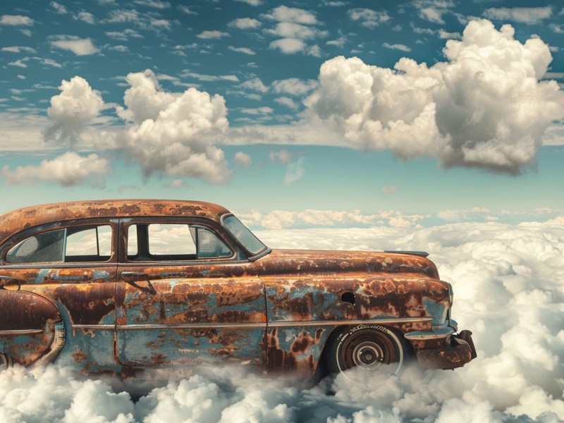 Ein rostiges altes Auto fährt über Wolken.