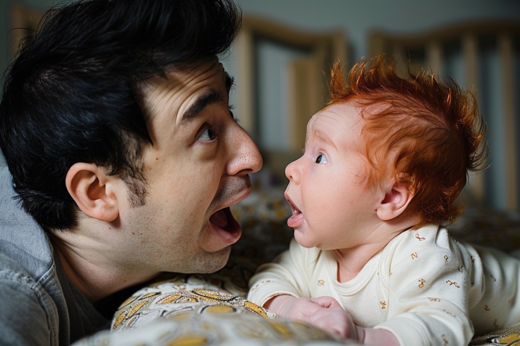 Ein Vater mit schwarzen Haaren staunend sein neugeborenes Baby an, das rote Haare hat.