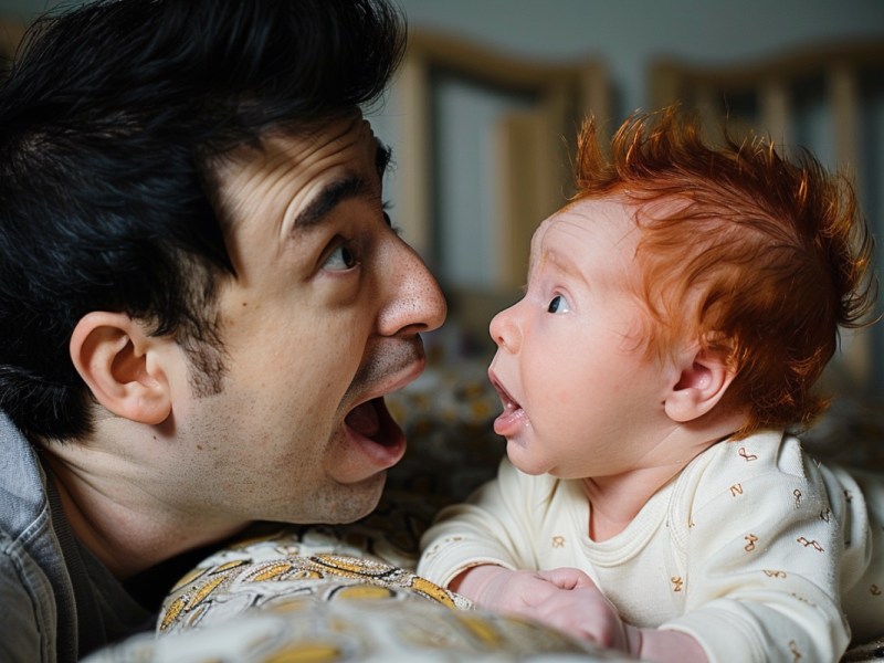 Ein Vater mit schwarzen Haaren staunend sein neugeborenes Baby an, das rote Haare hat.