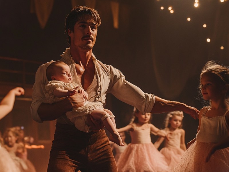 Ein Mann mit Baby auf einer Ballettbühne. (KI-generiert)