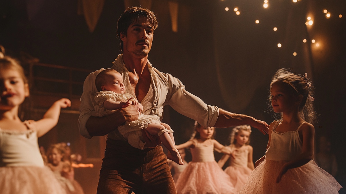 Ein Mann mit Baby auf einer Ballettbühne. (KI-generiert)