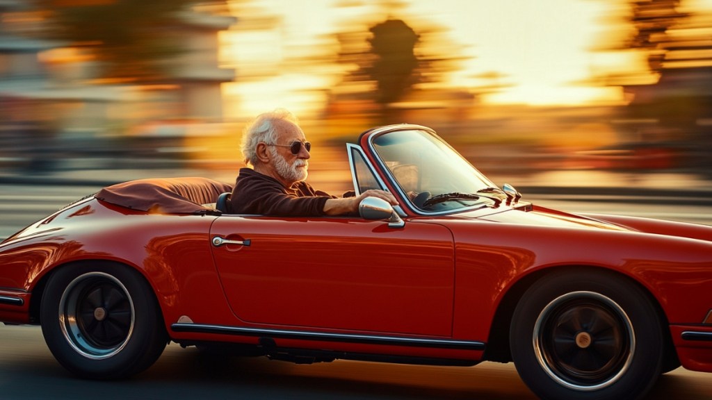 Ein alter Mann fährt einen nagelneuen Porschecabrio. (KI-generiert)