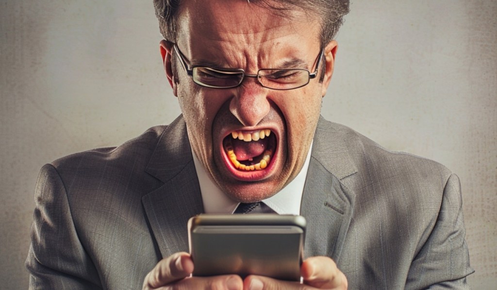 Ein Foto von einem Geschäftsmann, der wütend in sein Handy brüllt.