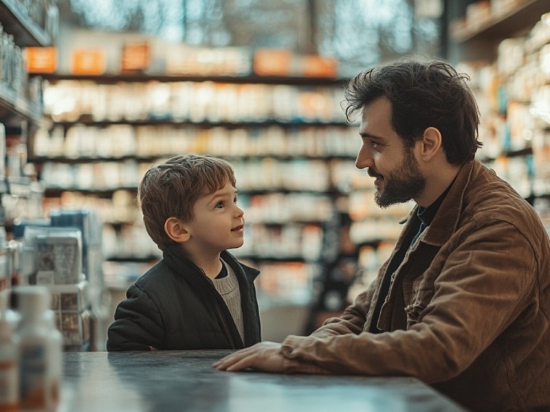 Vater und Sohn in einer Drogerie. (KI-generiert)