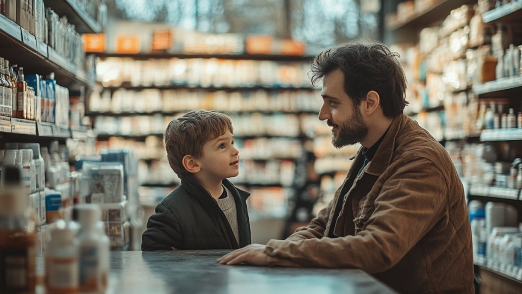 Vater und Sohn in einer Drogerie. (KI-generiert)