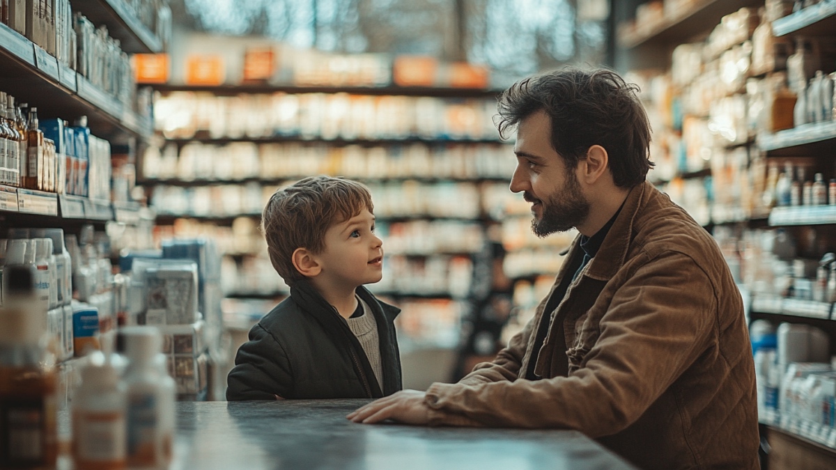 Vater und Sohn in einer Drogerie. (KI-generiert)