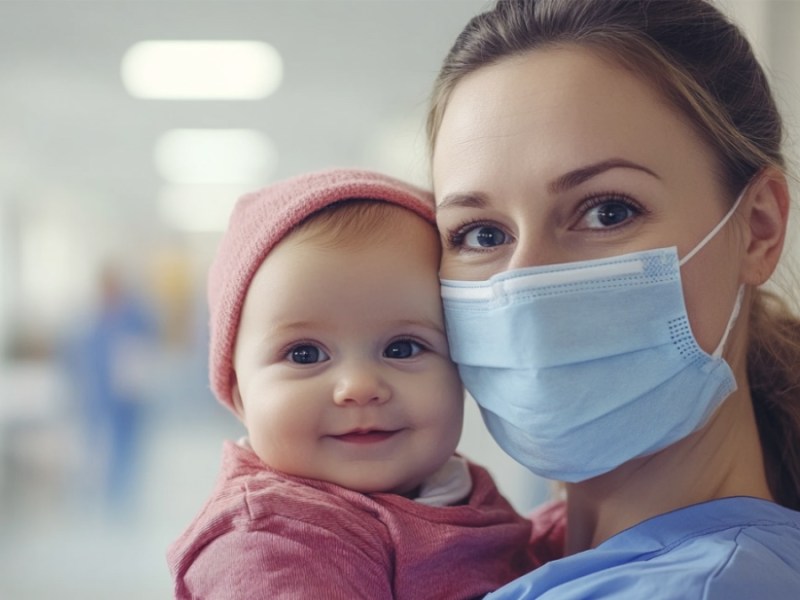 Eine Krankenschwester hält ein Baby. (KI-generiert)