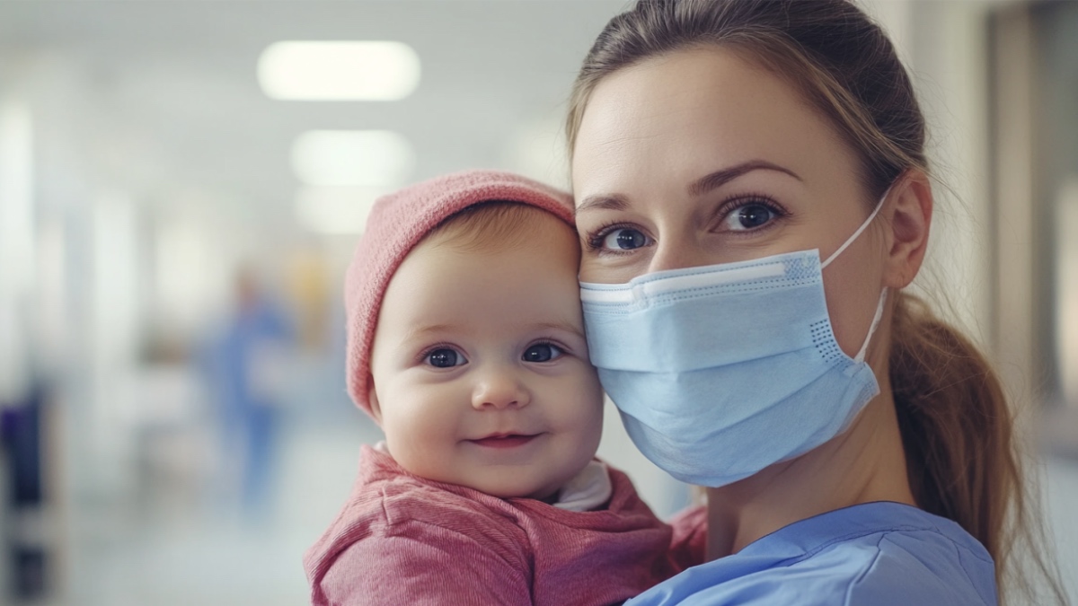 Eine Krankenschwester hält ein Baby. (KI-generiert)