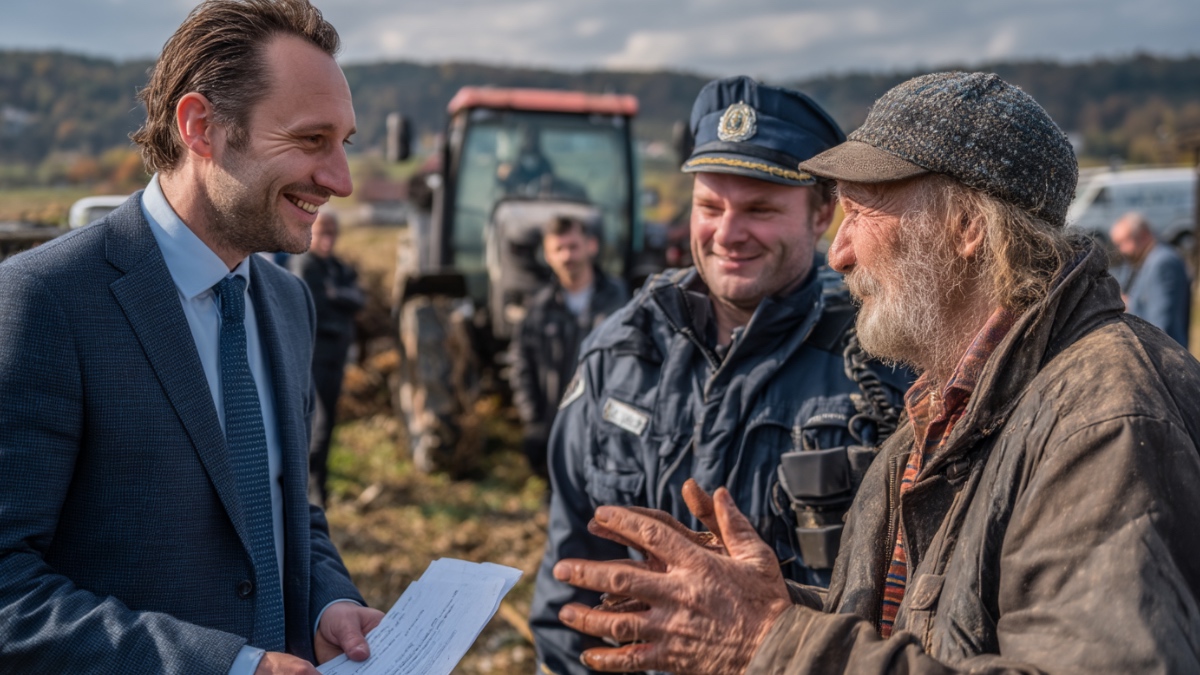 Ein Regierungsbeamter geht zusammen mit einem Polizisten zu einem Bauern. (KI-generiert)