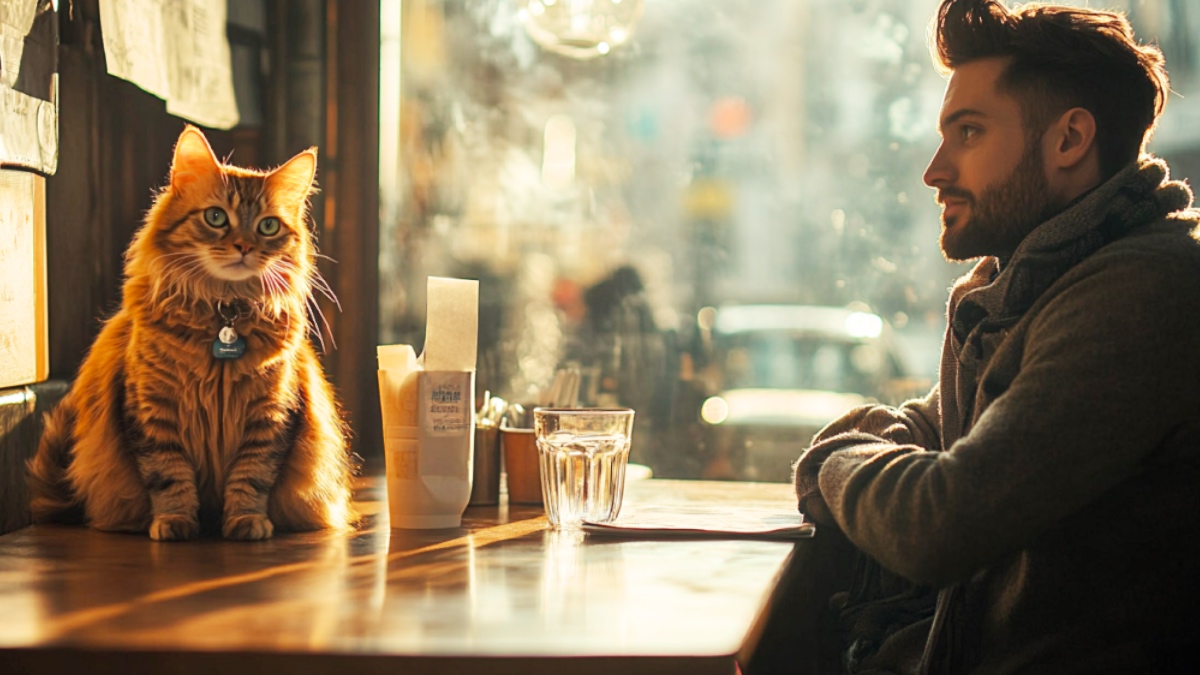 Katze und Mann im Restaurant. (KI-generiert)