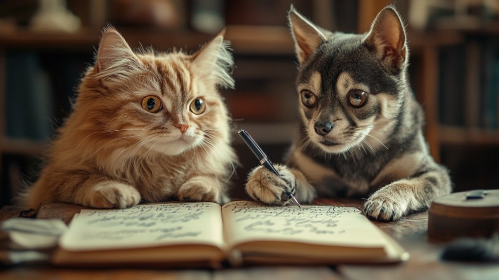 Ein Hund und eine Katze schreiben in einem Tagebuch. (KI-generiert)