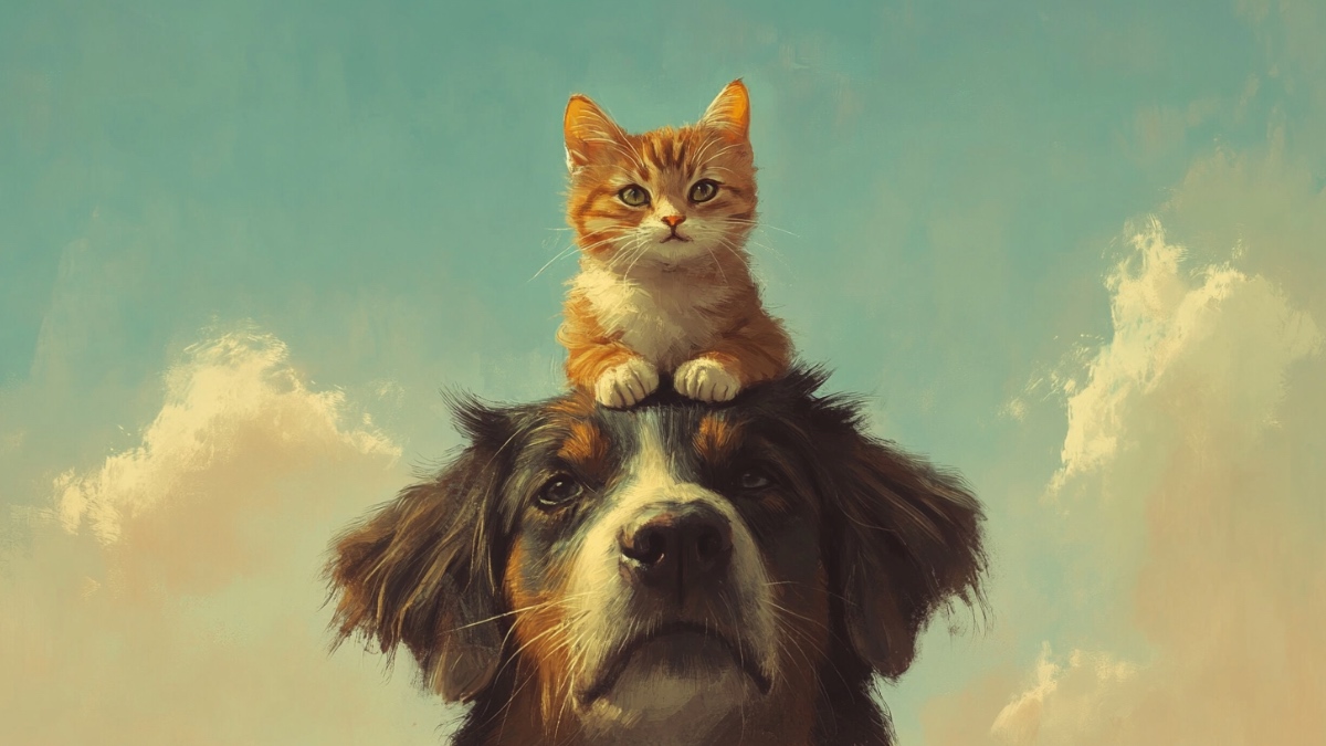 Eine Katze sitzt auf einem Hund. (KI-generiert)