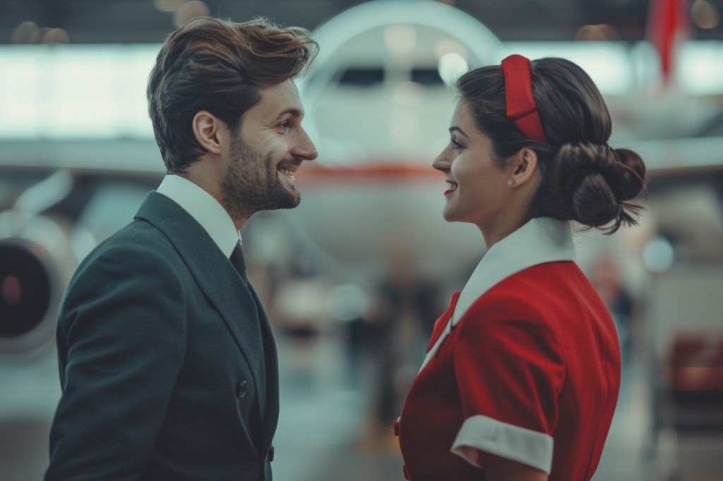 Ein junger Mann in einem Anzug flirtet mit einer Stewardess vor einem Flugzeug.