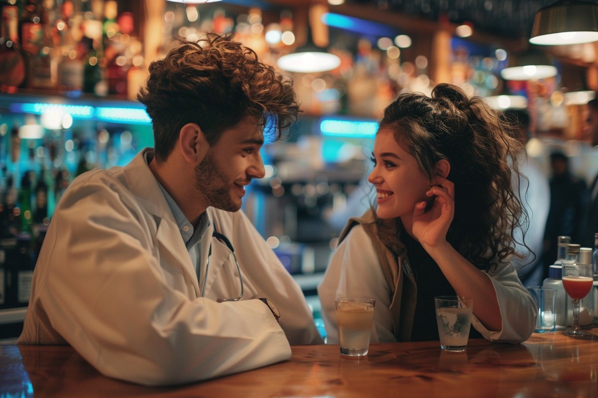 Ein junger Arzt mit Kittel und Stethoskop flirtet mit einer jungen Frau in einer Bar.