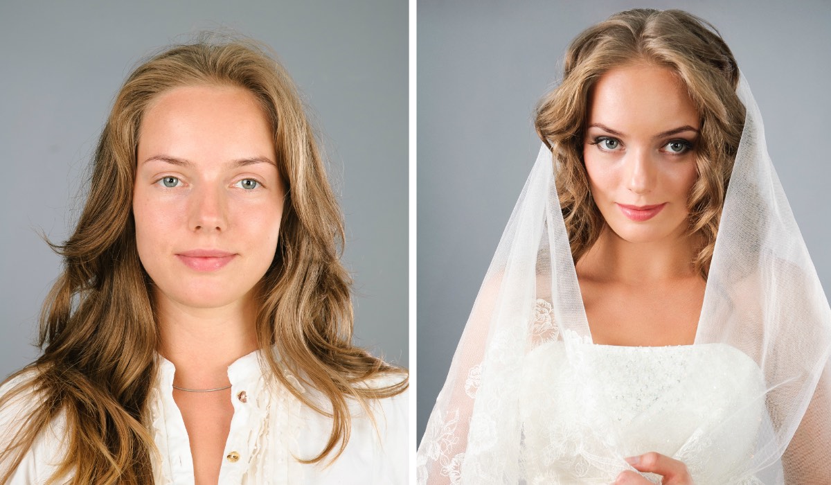 Ein Vorher-nachher-Bild von einer Braut, vor und nach dem Make-up.