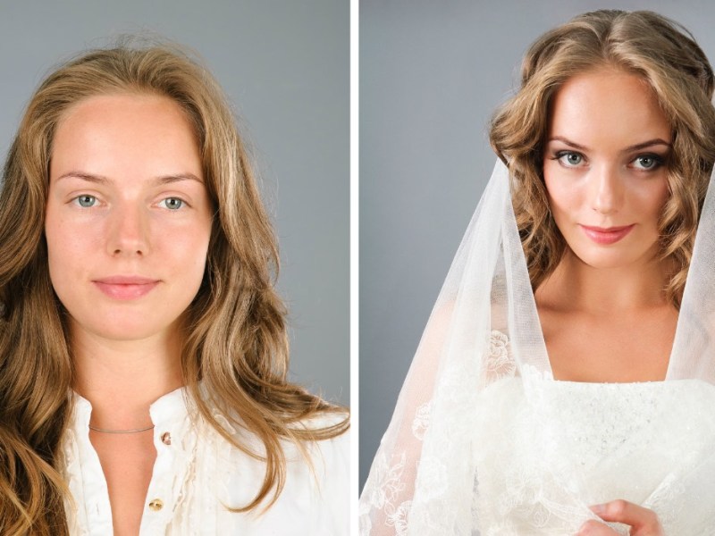 Ein Vorher-nachher-Bild von einer Braut, vor und nach dem Make-up.