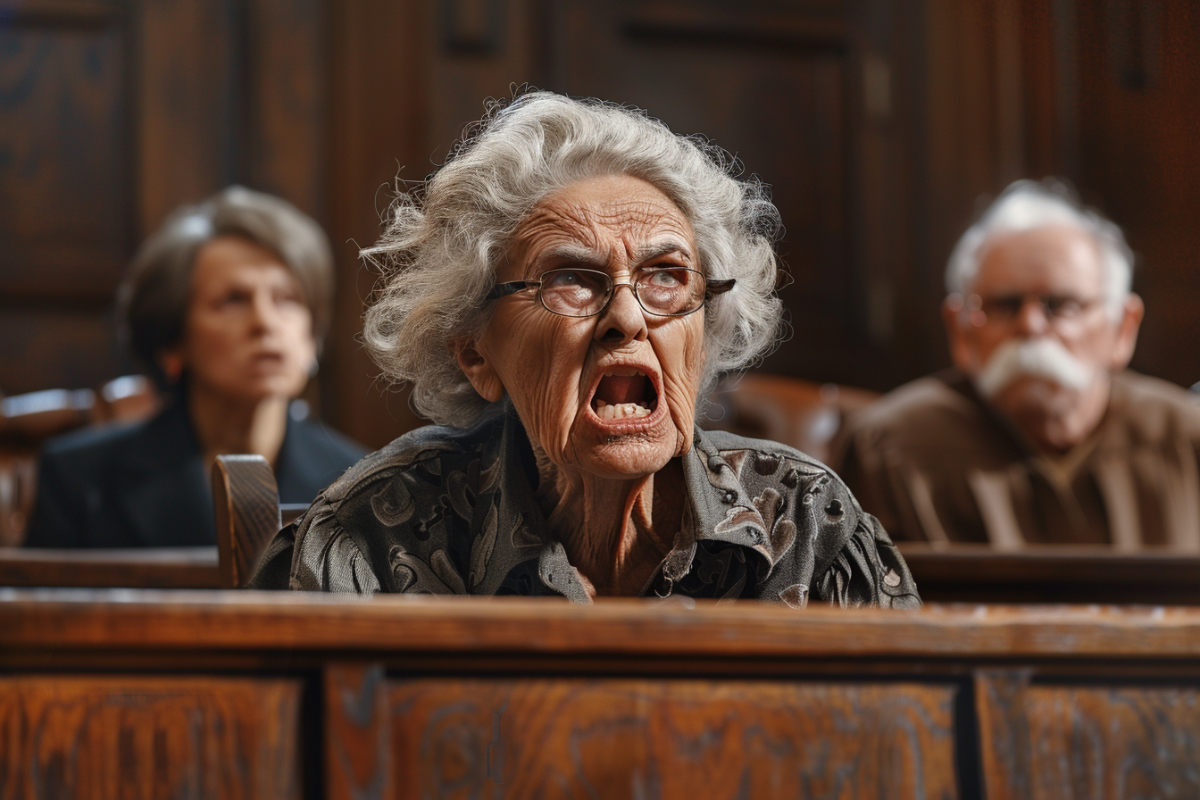 Eine wütende Rentnerin mit Brille sitzt in einer Anhörung auf der Anklagebank.