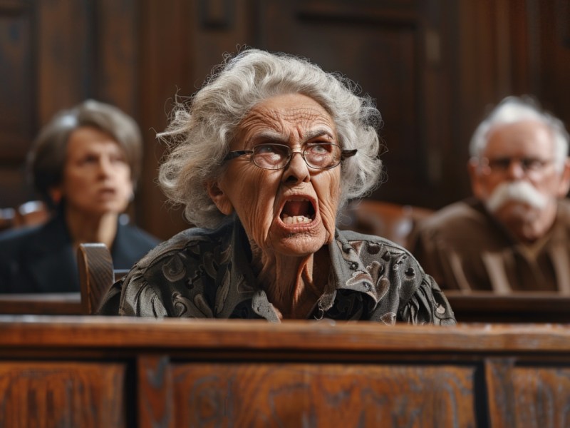 Eine wütende Rentnerin mit Brille sitzt in einer Anhörung auf der Anklagebank.