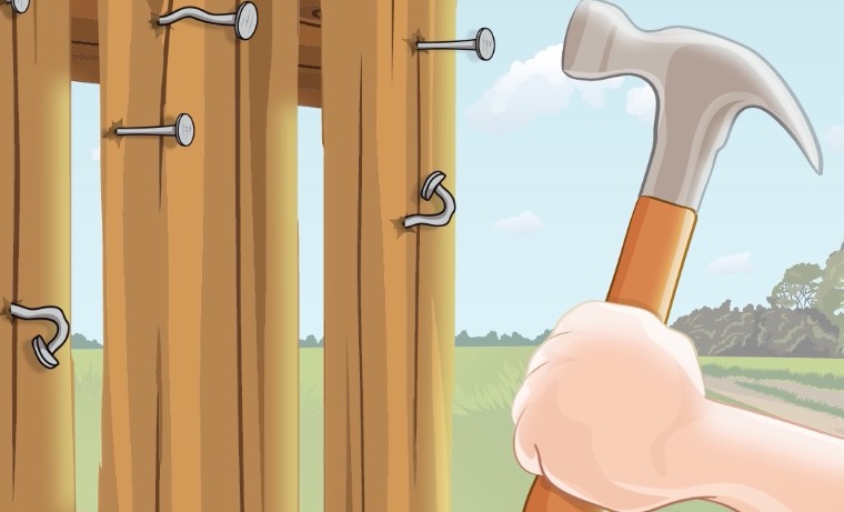 Eine Zeichnung von einem Hammer, der Nägel an einem Zaun einschlägt.