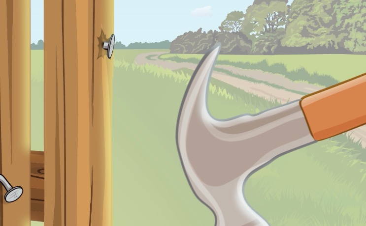 Eine Zeichnung von einem Hammer, der Nägel an einem Zaun einschlägt.