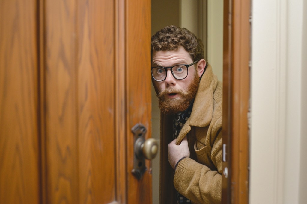 Ein Mann öffnet eine Tür und schaut überrascht durch den Türspalt.