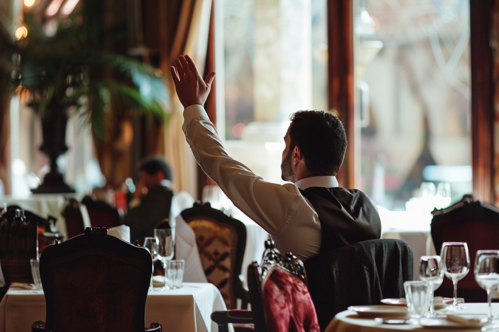 Ein gut gekleideter Mann in einem Restaurant hebt die Hand, um den Kellner zu sich zu rufen.