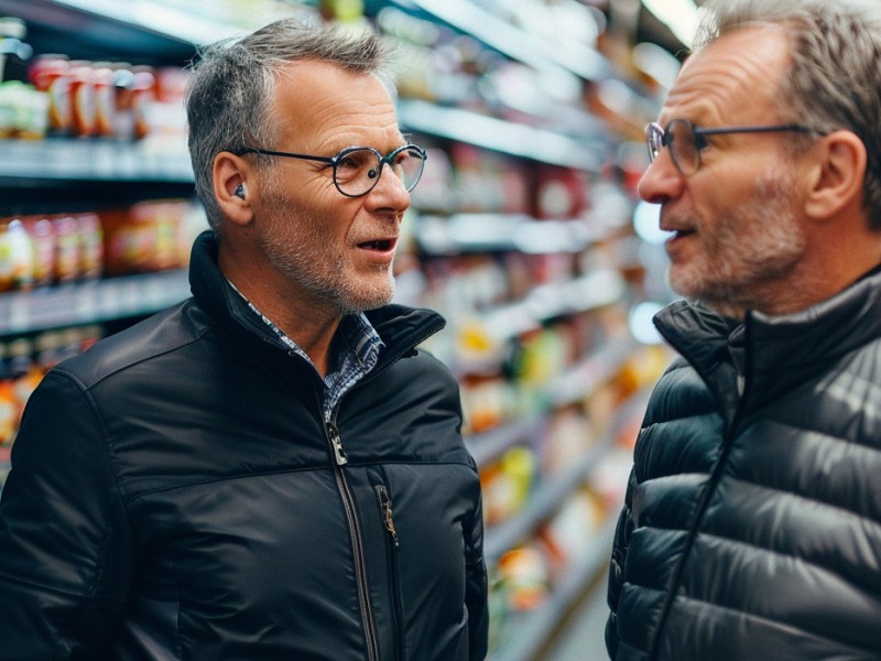 Zwei Männer mittleren Alters unterhalten sich in einem Supermarkt.