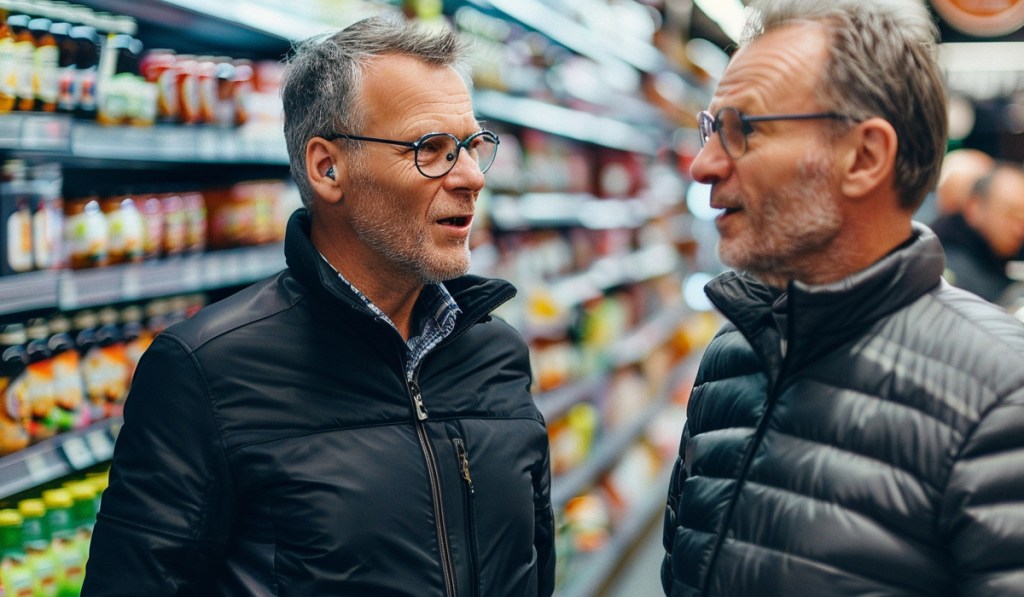 Zwei Männer mittleren Alters unterhalten sich in einem Supermarkt.