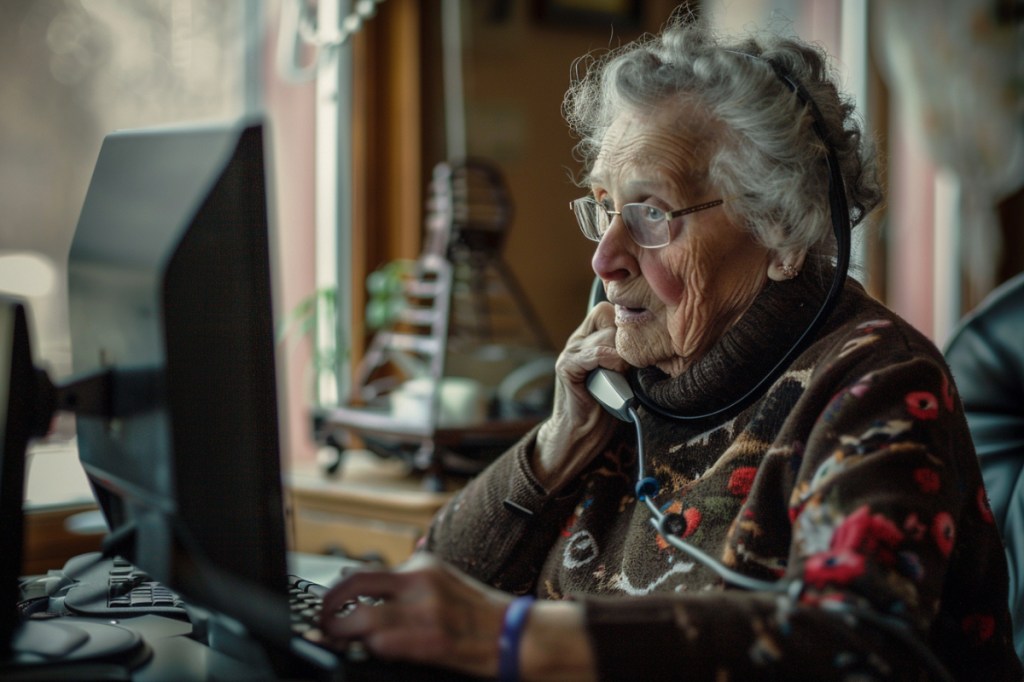 Eine alte Frau telefoniert, während sie ihren Computer benutzt.