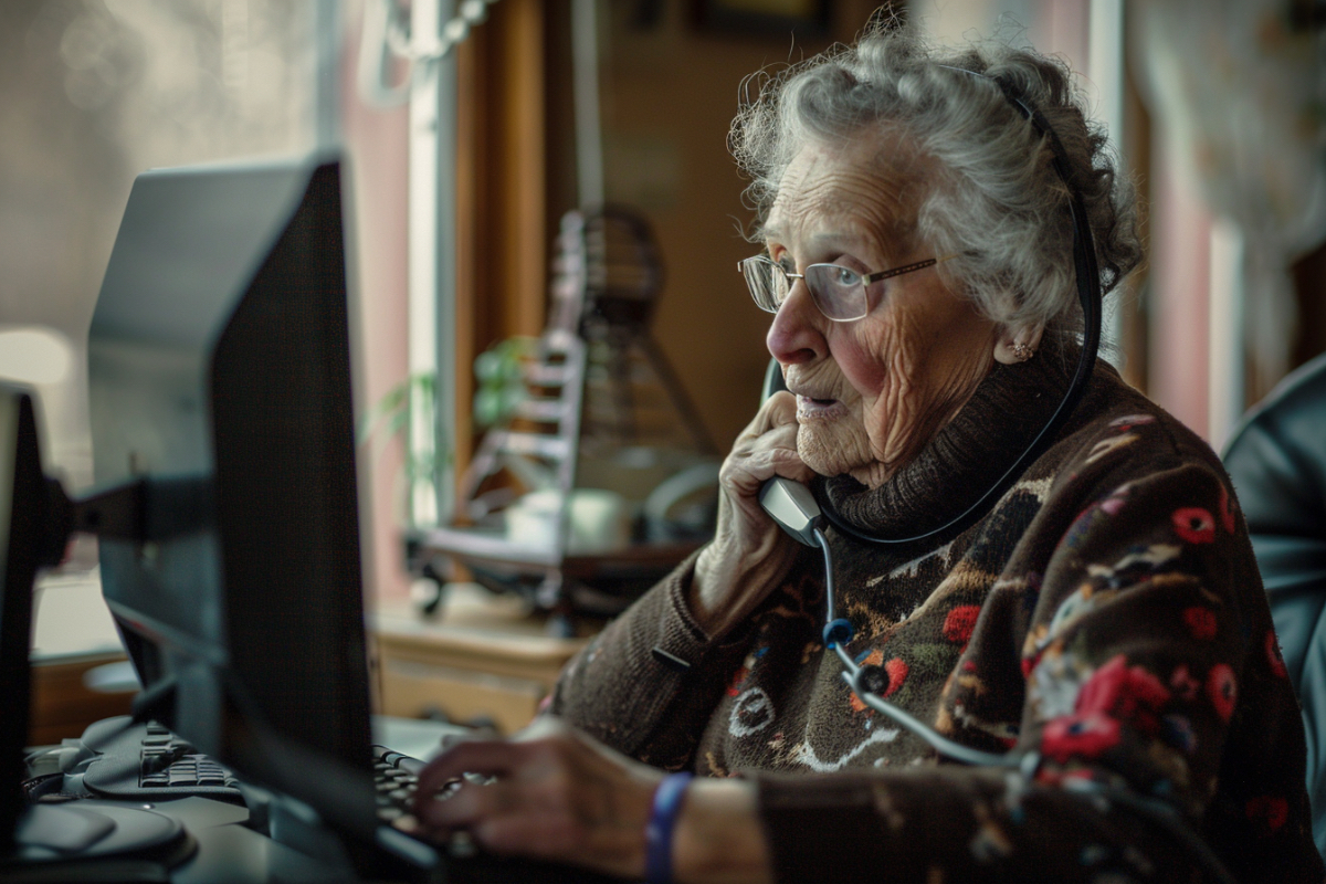 Eine alte Frau telefoniert, während sie ihren Computer benutzt.