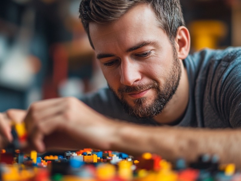 Ein Mann spielt Lego. (KI-generiert)