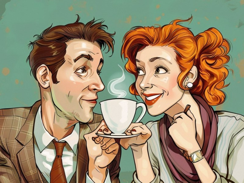 Eine Illustration von einem verliebten Paar, das gemeinsam Kaffee trinkt.