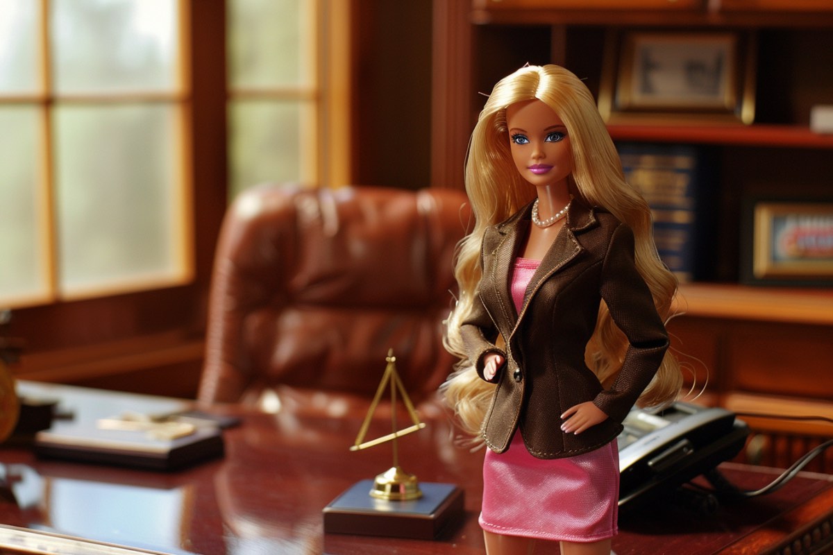 Eine Barbie-Puppe in einem Blazer steht im Büro eines Anwalts.