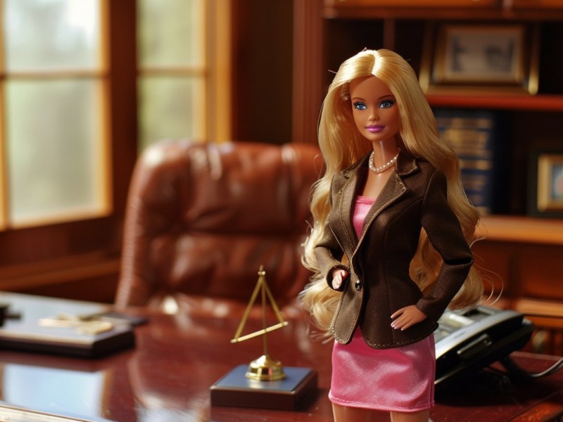 Eine Barbie-Puppe in einem Blazer steht im Büro eines Anwalts.