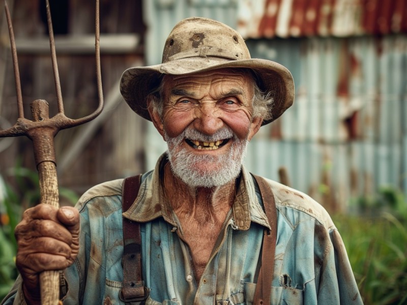 Ein alter Bauer mit grauem Bart, Hut und Mistgabel in der Hand lächelt verschmitzt.