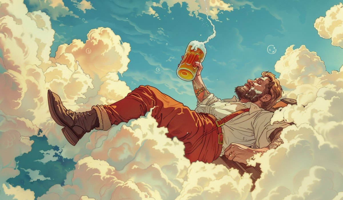 Eine Illustration von einem deutschen Mann, der auf einer Wolke Bier trinkt.