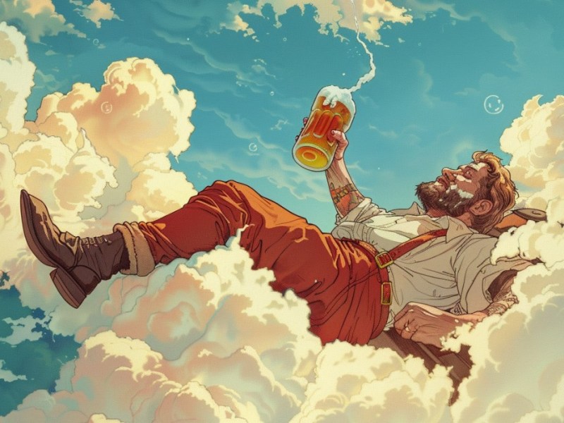 Eine Illustration von einem deutschen Mann, der auf einer Wolke Bier trinkt.