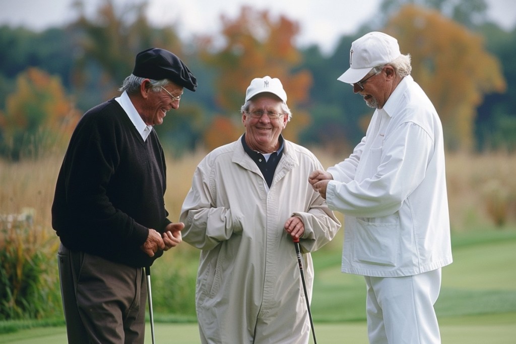Drei Männer stehen beim Golfspielen zusammen und lachen.